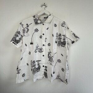Hot Cotton Womens White Black Tribal Print Linen Button-Up Shirt Large Casual